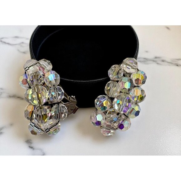 Unbranded Jewelry - Vintage Aurora Borealis Clip On Earrings Faceted Beads Kidney Shaped Iridescent